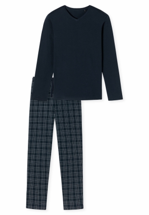 Pyjama met V-hals geruit inter DONKERBLAUW