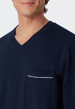 Pyjama lang met V-hals, geruit BLAUW