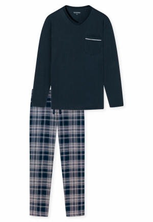 Pyjama lang met V-hals, geruit BLAUW