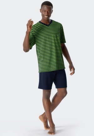 Pyjama kort met V-hals, gestre BLAUW