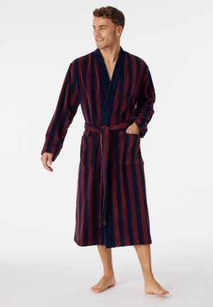 Badjas zacht velours gestreept BORDEAUX