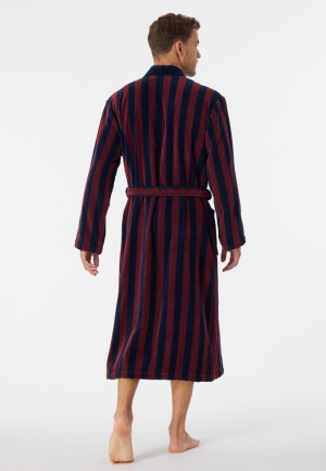 Badjas zacht velours gestreept BORDEAUX