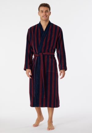 Badjas zacht velours gestreept BORDEAUX