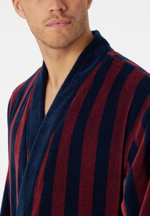 Badjas zacht velours gestreept BORDEAUX