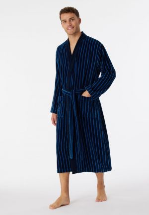 Badjas zacht velours gestreept DONKERBLAUW