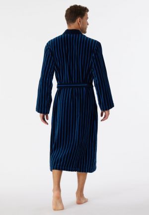 Badjas zacht velours gestreept DONKERBLAUW