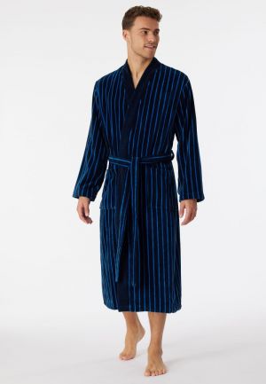 Badjas zacht velours gestreept DONKERBLAUW