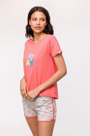 Pyjama met short zeesterren KORAALROOD