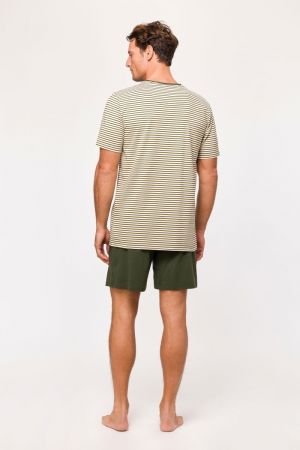 Herenpyjama V-hals, gestreept KAKI