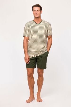 Herenpyjama V-hals, gestreept KAKI