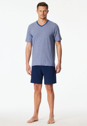 Korte pyjama V-hals streepjes ROYAL BLUE