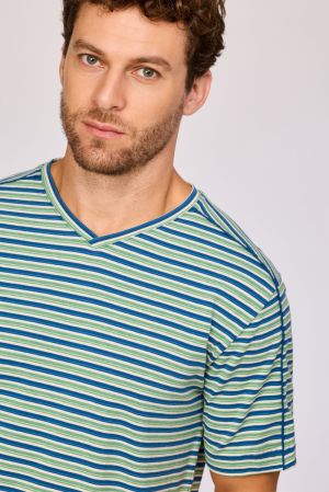Herenpyjama V-hals, gestreept BLAUW
