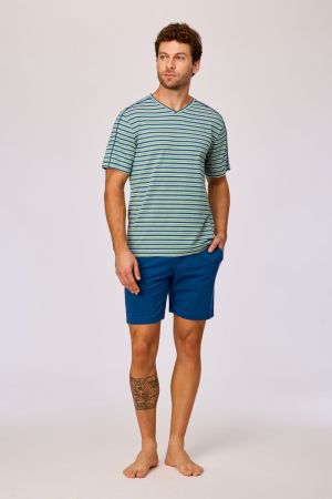 Herenpyjama V-hals, gestreept BLAUW